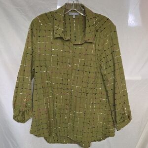 Habitat Olive Button-Down Shirt with Checkered Pattern Sz MED
